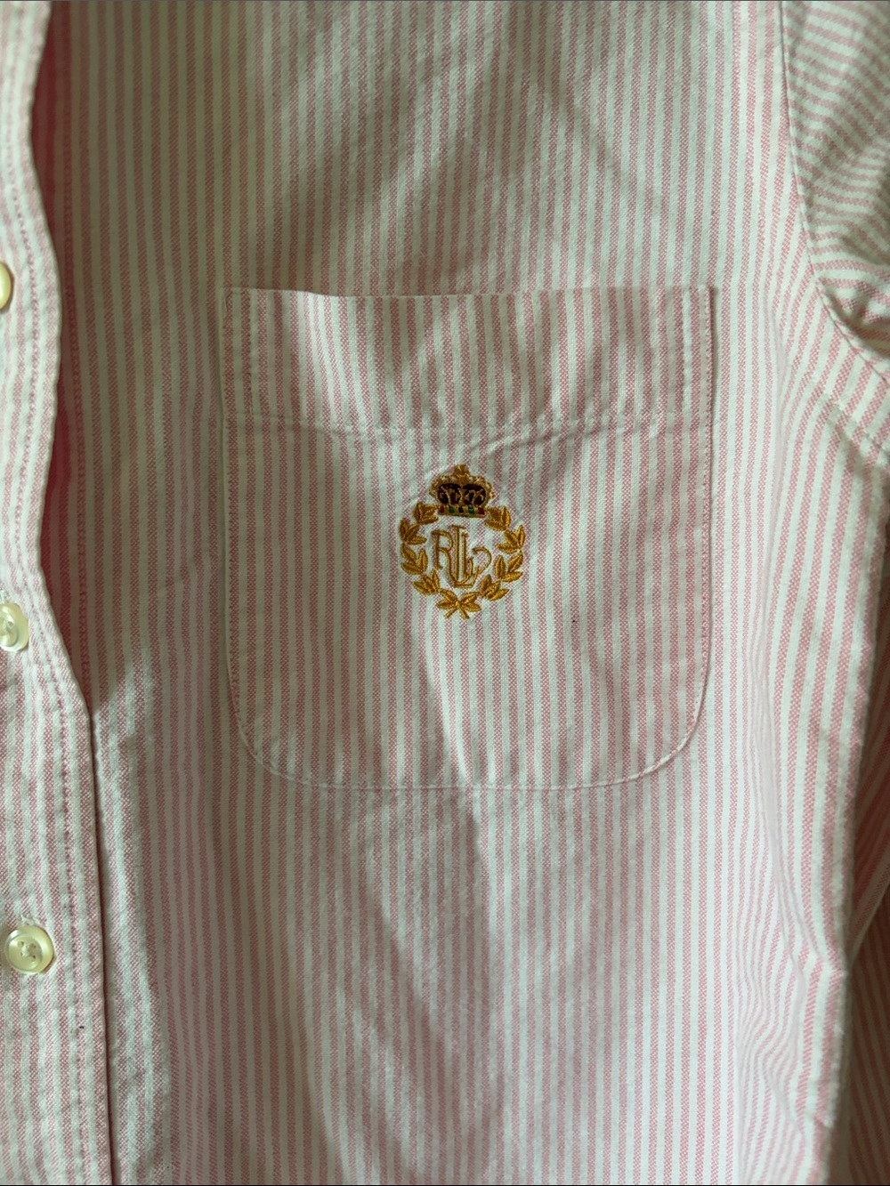 ViNT. Ralph Lauren pink white pin stripe crest on pocket button down blouse 8P. - Picture 3 of 4